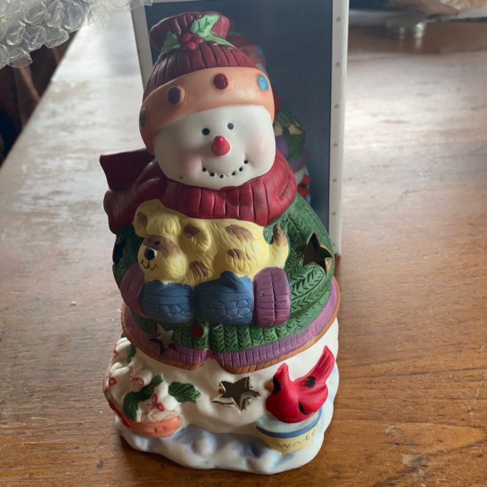 NIB Vintage Scott’s colorful ceramic snowman tea light holder
